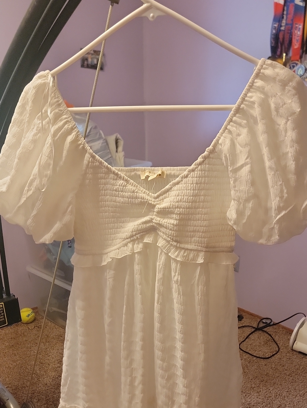 White Smocked Puff Sleeve Dress